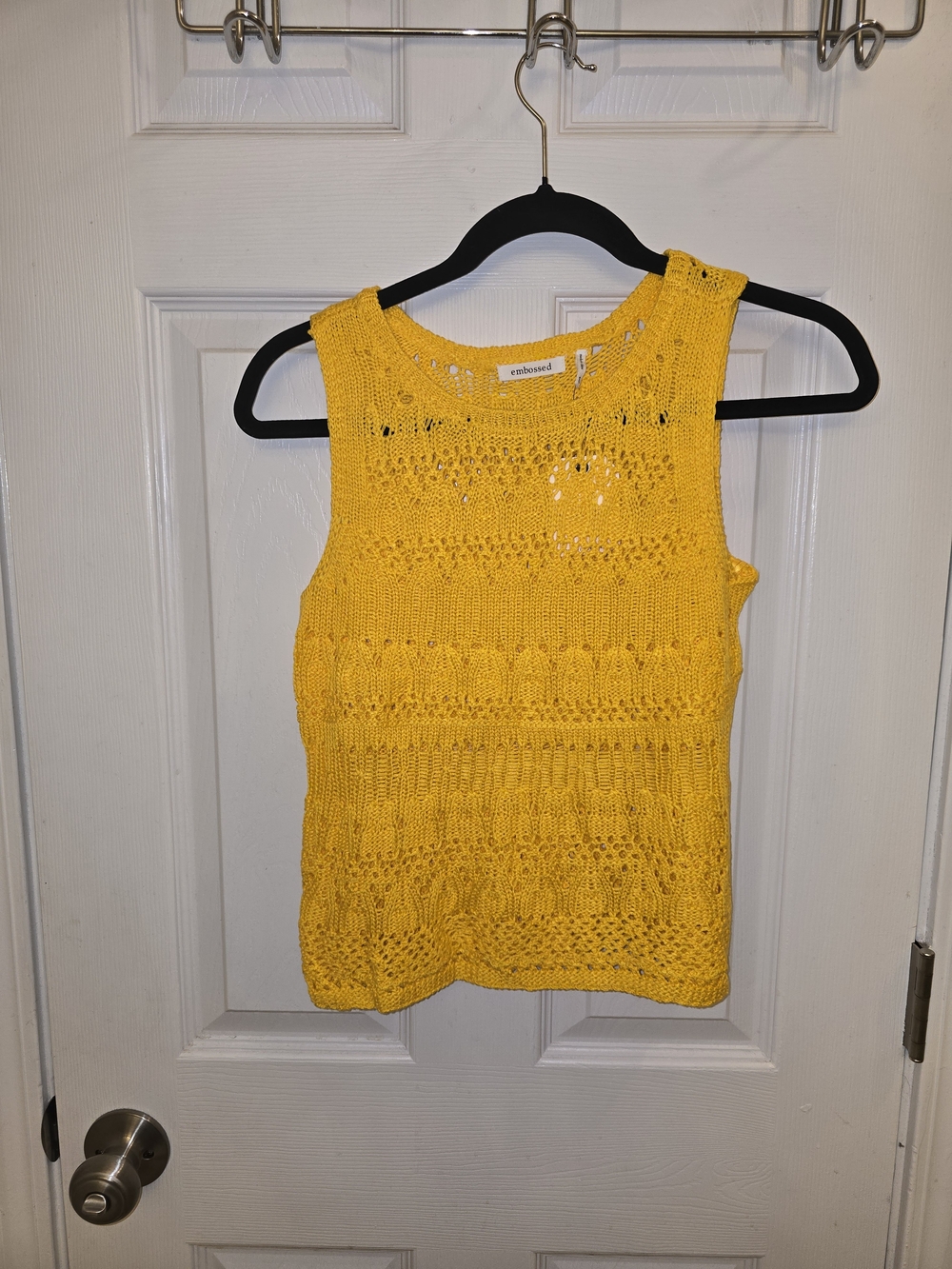 Embossed Women's Mustard Yellow Open-Knit Scoop Neck Sweater - Picture 2 of 3